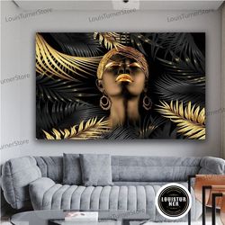 decorative wall art, black and gold woman with leaves canvas painting, black gold woman canvas wall art ,gold african wo