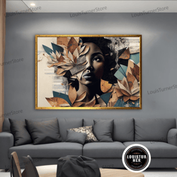 decorative wall art, black woman canvas painting, autumn woman wall decor, soft colors canvas art, woman and leaves canv