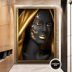decorative wall art, black woman with gold accents on face canvas painting, black woman gold lips, black woman canvas, e