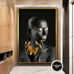 decorative wall art, black woman with golden butterfly canvas art, black woman painting, black woman gold lips, gold lip