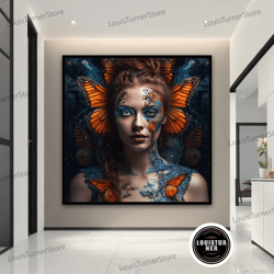 decorative wall art, butterfly woman canvas painting, butterfly art, orange and blue butterfly girl canvas wall decor, m