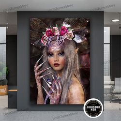 decorative wall art, elf woman fantasy canvas print, mystical female wall art, woman with flower crown canvas art, girl