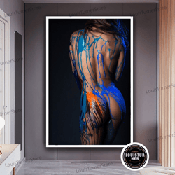 decorative wall art, erotic black woman canvas art, woman painted blue and orange wall art, naked woman print on canvas,