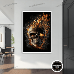 decorative wall art, fire skull canvas, skeleton canvas painting, skull canvas decor, modern home decor, abstract 3d can