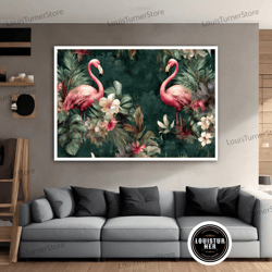 decorative wall art, flamingos among the flowers canvas painting, pink flamingo canvas art, tropical floral pink flaming