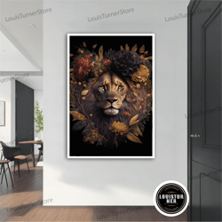 decorative wall art, flower lion canvas painting, flower lion poster, flower lion wall art, flower lion art, lion print,