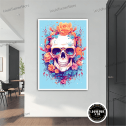 decorative wall art, flower skull canvas painting, colorful skull wall art, skeleton canvas painting, skull canvas decor