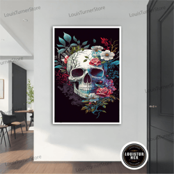 decorative wall art, flower skull canvas painting, colorful skull wall art, skeleton canvas painting, skull canvas decor