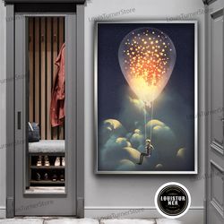 decorative wall art, flying with the stars painting, man flying with star balloon, sky landscape canvas painting, twinkl