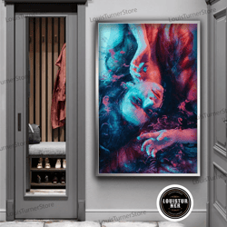 decorative wall art, girl under water canvas art, close portrait of black haired wall art, girl with red blue color effe