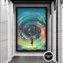 decorative wall art, girl with red umbrella canvas art, fantasy sky and girl wall art, anime girl canvas print, surreal