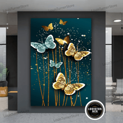 decorative wall art, gold and blue butterflies canvas painting, butterflies canvas art, butterfly home decor, gold butte