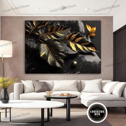 decorative wall art, gold and black leaves canvas painting, leaves wall decor, leaves canvas print, flower canvas, flora