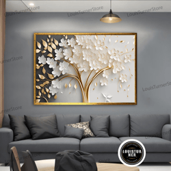 decorative wall art, gold and white flower canvas art, flowers canvas painting, floral wall decor, flower canvas prints,