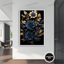 decorative wall art, gold blue flower canvas art, flower wall art, wall art, canvas art, framed canvas art, modern flowe