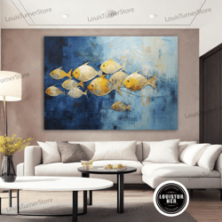 decorative wall art, gold fish painting, fish poster, abstract blue sea painting, fish canvas painting