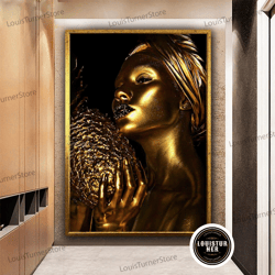 decorative wall art, gold woman canvas wall art, golden girl canvas painting, elegant women canvas, african woman canvas