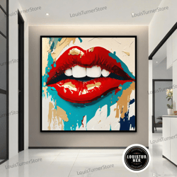 decorative wall art, graffiti red lip canvas, artistic lip art, street art print, pop art lip painting, colorful lip can