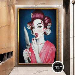 decorative wall art, knife mirror canvas print, woman with makeup canvas wall art, gothic woman with knife in hand canva