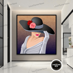 Decorative Wall Art, Lady In Floral Hat Canvas Painting, Modern Woman Wall Art, Woman In Hat Print, Girl Portrait Canvas