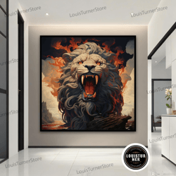 decorative wall art, lion canvas art, fire lion wall art, fire lion poster, roaring lion canvas print, animal office art