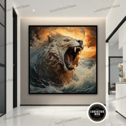 decorative wall art, lion canvas painting, roaring lion wall art, roaring lion poster, lion canvas print, animal office