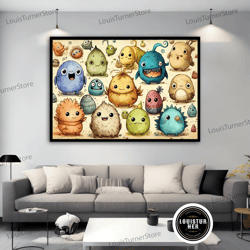 decorative wall art, little monsters canvas painting, colorful little monsters wall art, cute monsters print art, graffi
