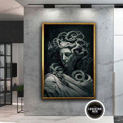 decorative wall art, medusa statue canvas art, medusa wall art, ancient greek mythology art, snake head abstract canvas