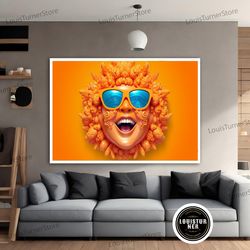 decorative wall art, modern woman canvas painting, orange woman with blue glasses wall art, smiling woman canvas art, or