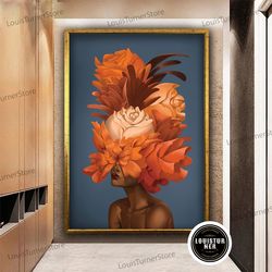 decorative wall art, orange flower head woman canvas art, orange roses black woman wall art, flower head girl canvas pri