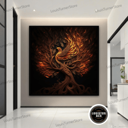 decorative wall art, phoenix canvas art, fiery phoenix wall art, phoenix on the tree poster, phoenix canvas print, anima