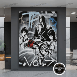decorative wall art, people looking at the phone screen canvas, family sitting at the dining table banksy street art, ba