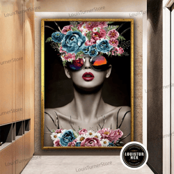 decorative wall art, woman with glasses and flower hair canvas art, flower head woman wall art, floral woman canvas, mod