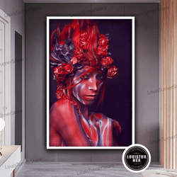 decorative wall art, woman with red flower head canvas painting, red woman wall art, red abstract woman art, floral woma