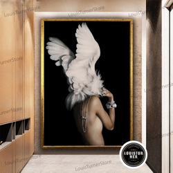 decorative wall art, woman with white winged head canvas painting, white wings wall art, wing woman canvas print, naked