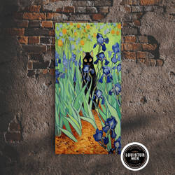 framed canvas ready to hang, funny cat print, vincent van gogh inspired irises black cat wall art, framed canvas print,