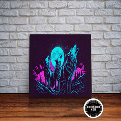 framed canvas ready to hang, howl at the moon - turquoise wolf pack howling at the moon, framed canvas print, vaporwave