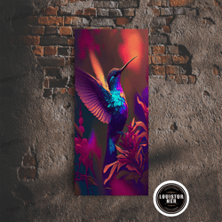 framed canvas ready to hang, hummingbird in flight, cute animal print, framed canvas print, colorful retro wave style ar