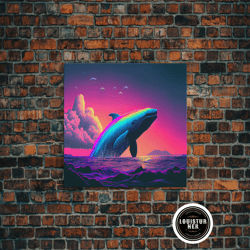 framed canvas ready to hang, humpback whale breaching a rainbow, vaporwave art, synthwave animal print, framed canvas pr