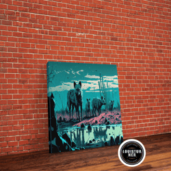 framed canvas ready to hang, hyenas at midnight, turquoise vaporwave art, framed canvas print