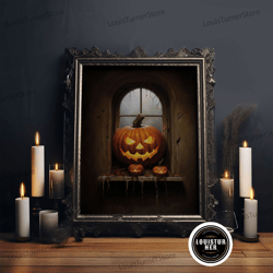 framed canvas ready to hang, jack o lantern in the window, trick or treat, halloween print, art canvas print, halloween