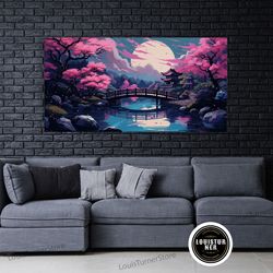 framed canvas ready to hang, japanese art- wabi sabi style japanese synthwave pagoda, game room art, framed canvas print