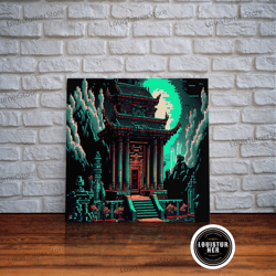 framed canvas ready to hang, japanese pagoda pixel art, cyberpunk style pagoda, framed canvas print