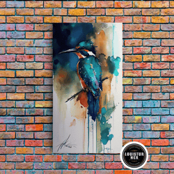 framed canvas ready to hang, kingfisher watercolor - kingfisher art, belted kingfisher, kingfisher watercolor, bird wate