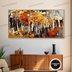 framed canvas ready to hang, large birch trees canvas print boho wall decor autumn birch forest landscape art silver bir