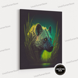 framed canvas ready to hang, laughing hyena, animal prints, african wildlife art, hyena stalking it's prey under a starr