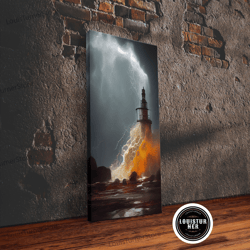 framed canvas ready to hang, lighthouse oil painting canvas print, light house landscape print, lighthouse in a storm wi