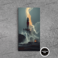 framed canvas ready to hang, lighthouse oil painting canvas print, lightning striking a lighthouse during a dark stormy