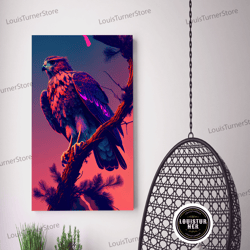 framed canvas ready to hang, nature bird hawk perched on branch purple sunset fine art print, wall decor, wall poster, w