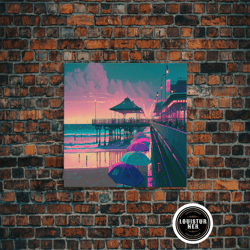 framed canvas ready to hang, neon beach, cool beach house wall decor, synthwave pier and boardwalk, framed canvas print,